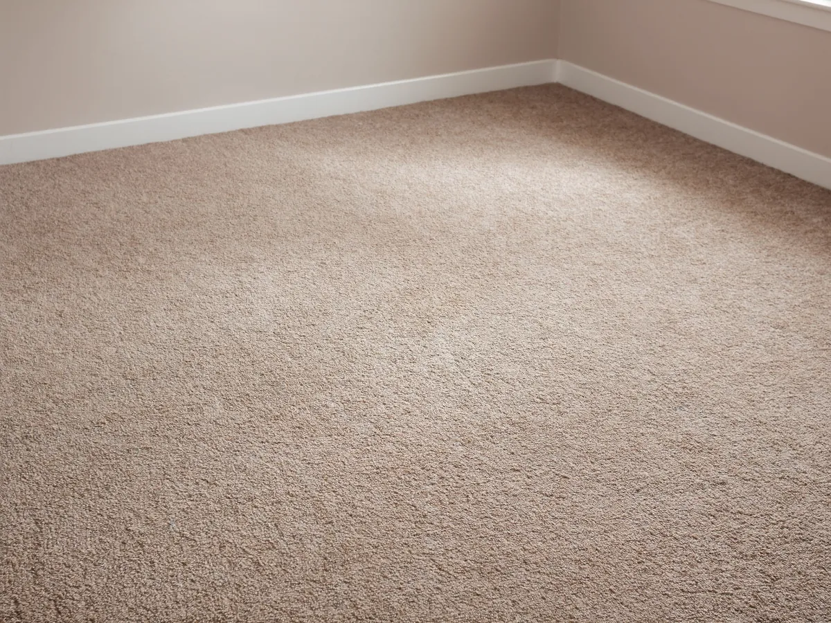 Plush beige cut pile carpet newly installed in an empty bedroom corner